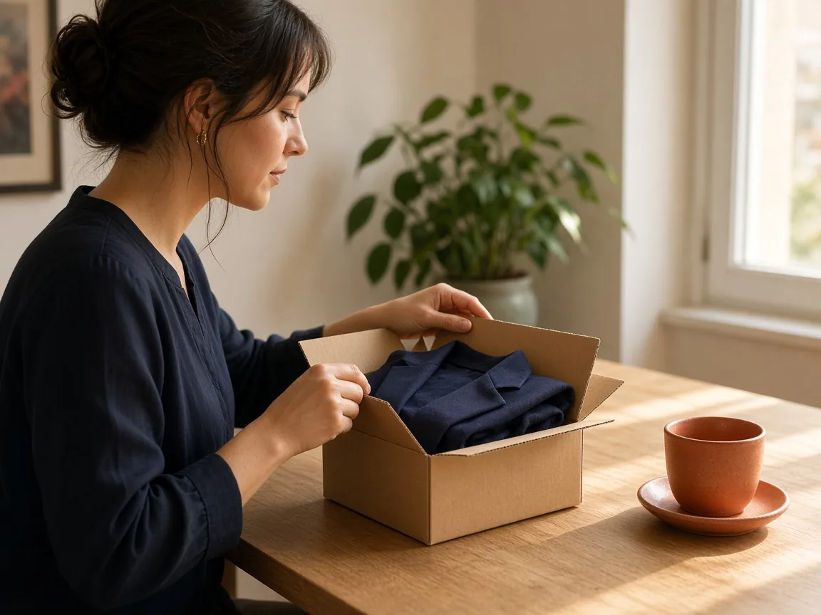A guest opening a box with the jacket the hotel sent back