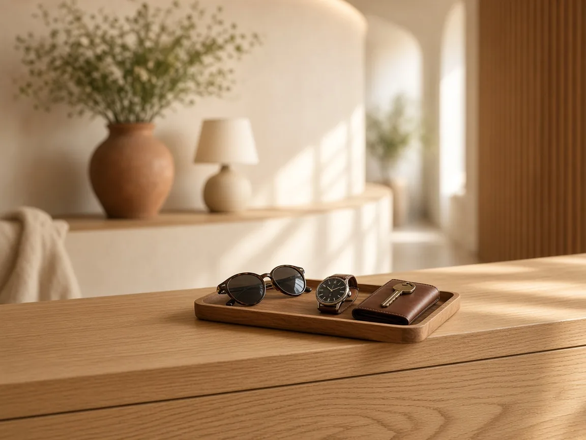 Sunglasses, a watch, and a room key waiting on a hotel reception desk