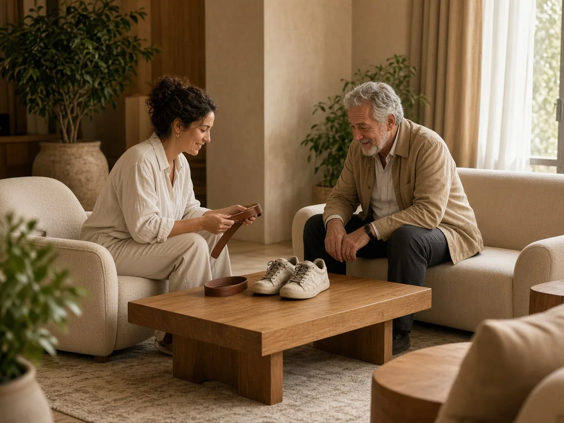Two guests in a hotel lobby with a recovered belt and a pair of sneakers